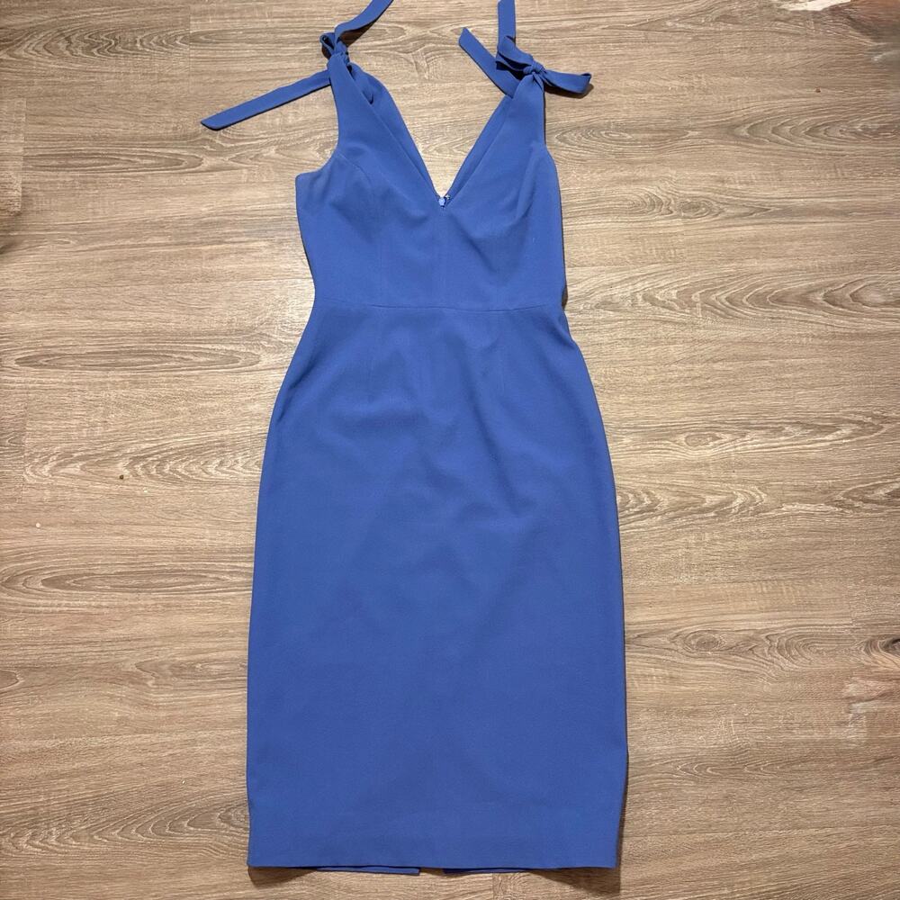 Dress The Population Lita Dress Sz M Blue Jay Tie Shoulder Cocktail Midi Sheath - Picture 16 of 16